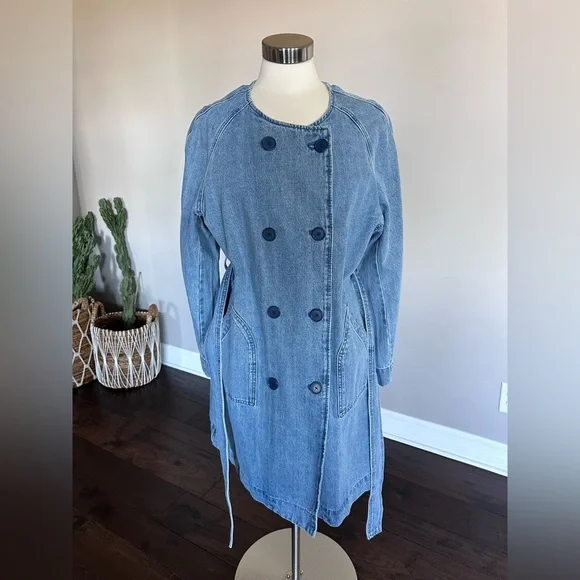 J. Crew Denim Trench Coat Double Breasted Collar Light Denim Woman's Large - Picture 9 of 15
